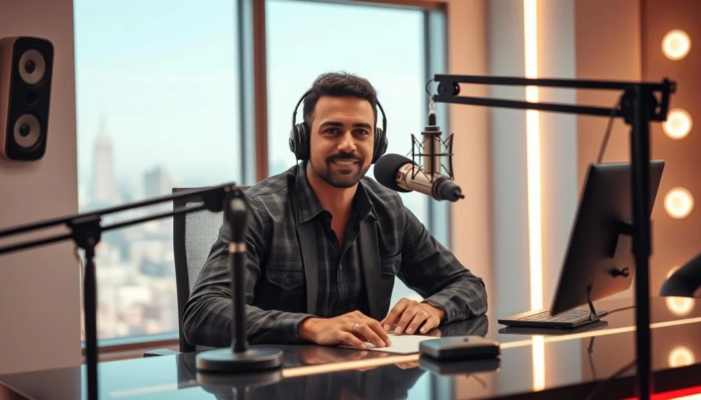 A captivating podcast recording session, with the host seated at a sleek, modern desk, surrounded by high-quality audio equipment and lighting. The background features a minimalist, yet visually engaging studio setting, with a softly blurred cityscape visible through large windows, creating a sense of openness and creativity. The host's expression is one of deep focus and engagement, drawing the viewer into the content being crafted. The overall scene conveys a sense of professionalism, expertise, and the power of compelling audio storytelling.