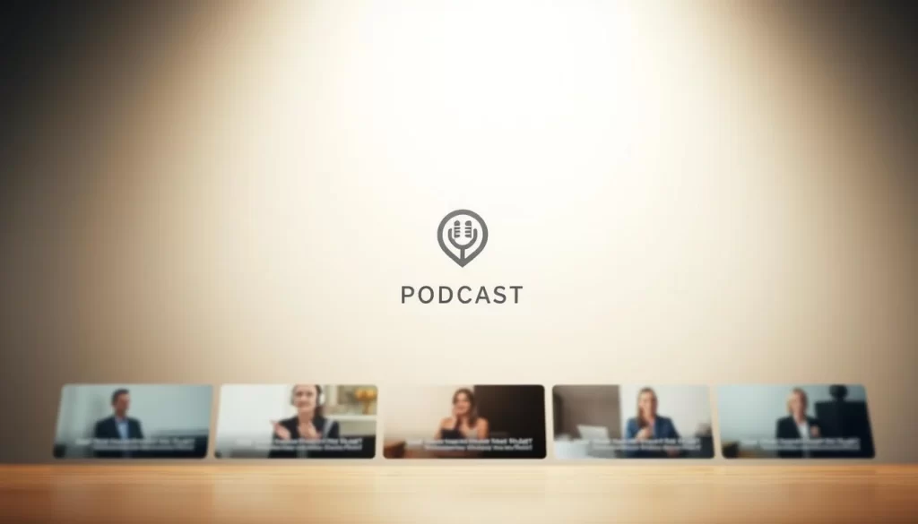 A clean, minimalist podcast episode branding design with a modern, professional aesthetic. The foreground features a simple, elegant logo with a subtle gradient effect, centered on a plain white background. The middle ground includes a series of consistent, high-quality thumbnail images, each with a cohesive color palette and layout. The background has a soft, blurred gradient, creating depth and drawing the eye to the core branding elements. Lighting is soft and diffused, with a warm, neutral color temperature. The overall composition has a balanced, symmetrical layout with a sense of harmony and unity across the design elements.