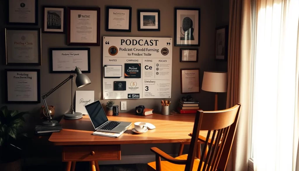 A cozy home office with a mid-century modern desk and chair, illuminated by a warm, diffused light from a large window. On the desk, a laptop, a cup of coffee, and a vision board featuring podcast branding elements, campaign milestones, and funding goals. Framed certificates and awards line the walls, conveying a sense of professionalism and success. The atmosphere is focused, yet inviting, encouraging the viewer to envision their own podcast crowdfunding journey.