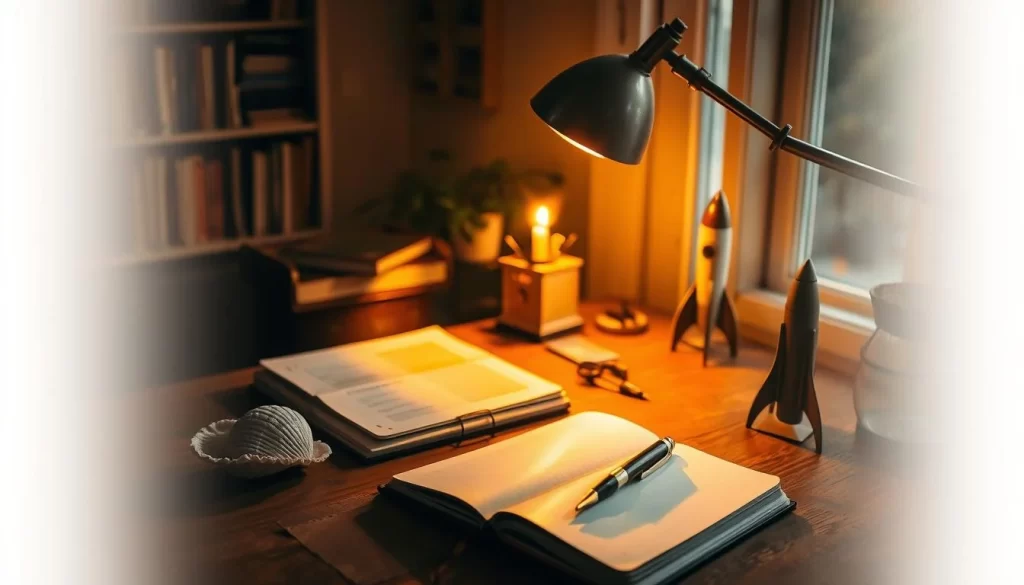 A cozy home study, bathed in warm golden light filtering through a nearby window. On the desk, an open notebook, a pen, and an array of unexpected objects - a seashell, a vintage magnifying glass, a small model of a rocket ship. The scene exudes a sense of contemplation and discovery, hinting at the unexpected sources of inspiration that can arise in the quiet moments of everyday life.