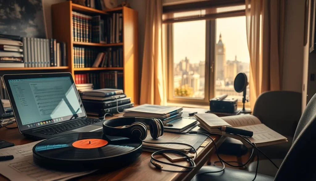 A cozy office setting with a laptop, headphones, and various audio equipment scattered across a wooden desk. The foreground features a vinyl record player and stacks of sheet music, symbolizing the legal considerations surrounding the use of music and sound effects. The middle ground showcases a bookshelf filled with legal tomes and reference materials, hinting at the regulatory landscape. The background depicts a window overlooking a cityscape, bathed in warm, natural lighting that creates a contemplative atmosphere. The scene conveys the thoughtful, research-driven process of navigating the legalities of incorporating audio elements into podcasting.