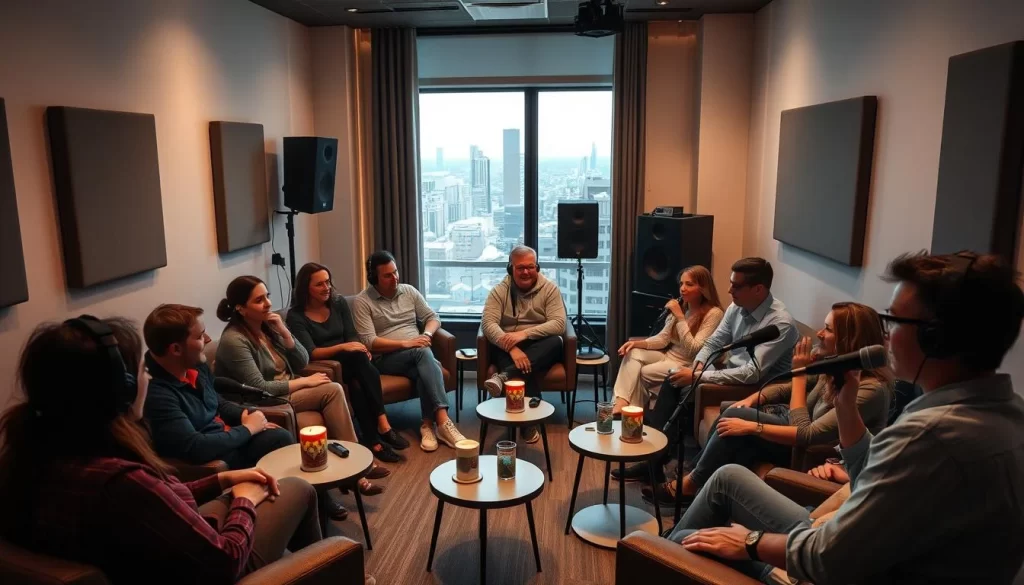 A cozy, well-lit community gathering in a modern podcast studio. In the foreground, a group of animated listeners engaged in lively discussion, their faces lit by the warm glow of tabletop microphones. In the middle ground, a circular arrangement of comfortable chairs and small side tables, inviting a sense of intimacy and collaboration. The background features state-of-the-art soundproofing and audio equipment, conveying a professional yet inclusive atmosphere. Soft, diffused lighting casts a welcoming ambiance, while a large window offers a glimpse of a vibrant cityscape beyond, symbolizing the connection between the podcast and the wider world.