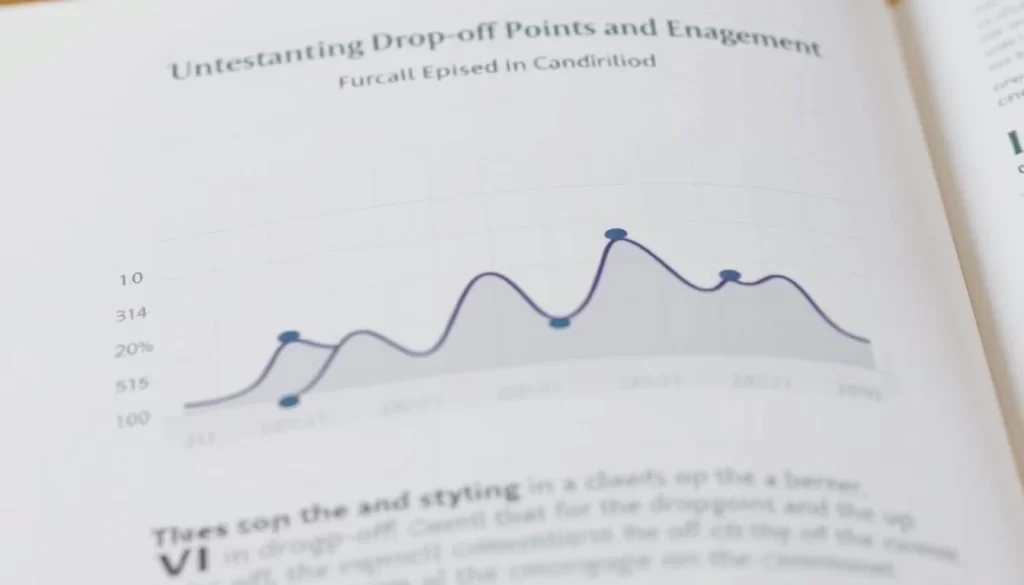 A detailed and data-driven visualization depicting "listener drop-off rates" for a podcast. A clean, minimalist aesthetic with a muted color palette. The foreground shows a stylized graph or chart illustrating the fluctuations in listener engagement over the course of an episode, with distinct drop-off points highlighted. The middle ground features a neutral background, perhaps a subtle texture or gradient, to keep the focus on the data visualization. The background layer suggests a professional, editorial setting, like the page of a magazine or a website, to contextually frame the image within the "Understanding Drop-off Points and Engagement" section of the article. Soft, indirect lighting casts a calm, analytical mood, while a slightly elevated camera angle provides an objective, bird's-eye perspective on the data. The overall impression should convey insightful, data-driven content to support the article's subject.