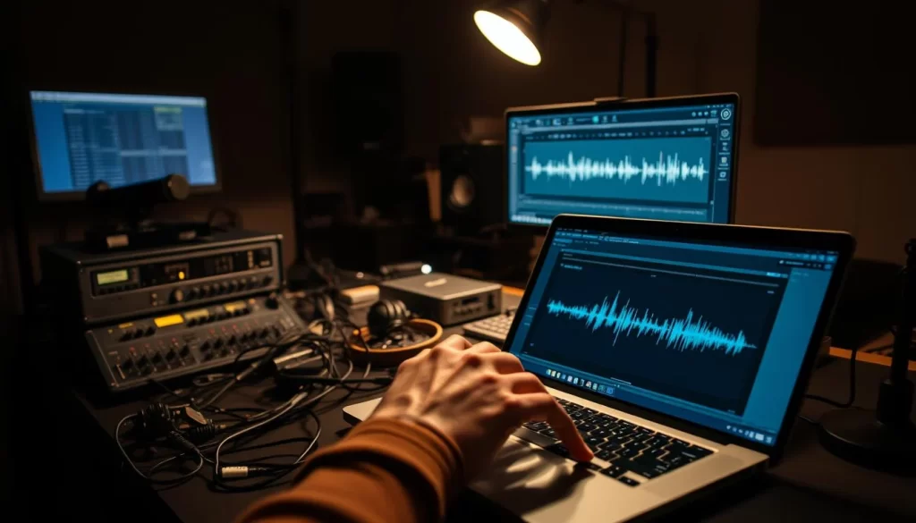 A dimly lit recording studio, with professional audio equipment scattered across a cluttered desk. In the foreground, a pair of skilled hands manipulate audio waveforms on a laptop screen, meticulously adjusting volume levels, removing unwanted noises, and seamlessly blending segments to craft a polished, impactful podcast episode. The background is softly lit, with a warm, cozy atmosphere, conveying the attention to detail and care required to shape a compelling narrative. The lighting is subtle, creating a sense of focus and concentration, as the editor navigates the intricacies of the audio landscape, sculpting the listener's experience.