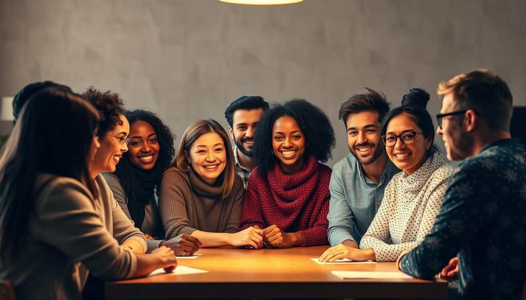 A diverse group of people gathered around a table, engaged in lively discussion, their faces illuminated by warm, natural lighting. In the foreground, a mix of ethnicities, genders, and ages, each with a unique perspective to share. The middle ground features a range of body types and abilities, their body language open and inviting. In the background, a cozy, minimalist setting with subtle patterns and textures, creating a relaxed, inclusive atmosphere. The overall scene conveys a sense of collaboration, respect, and the richness that comes from embracing diverse voices and experiences.