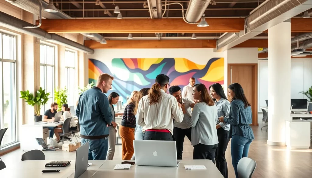 A diverse team of professionals collaborating in a modern, open-plan office. In the foreground, coworkers of various backgrounds huddle around a table, engaged in lively discussion. Warm, natural lighting filters in through large windows, casting a soft glow on the scene. The middle ground features an array of sleek, minimalist workstations, with colleagues typing away at their laptops. In the background, a vibrant wall mural adds a splash of color, complementing the neutral tones of the space. The overall atmosphere conveys a sense of creative energy, teamwork, and cross-functional synergy.