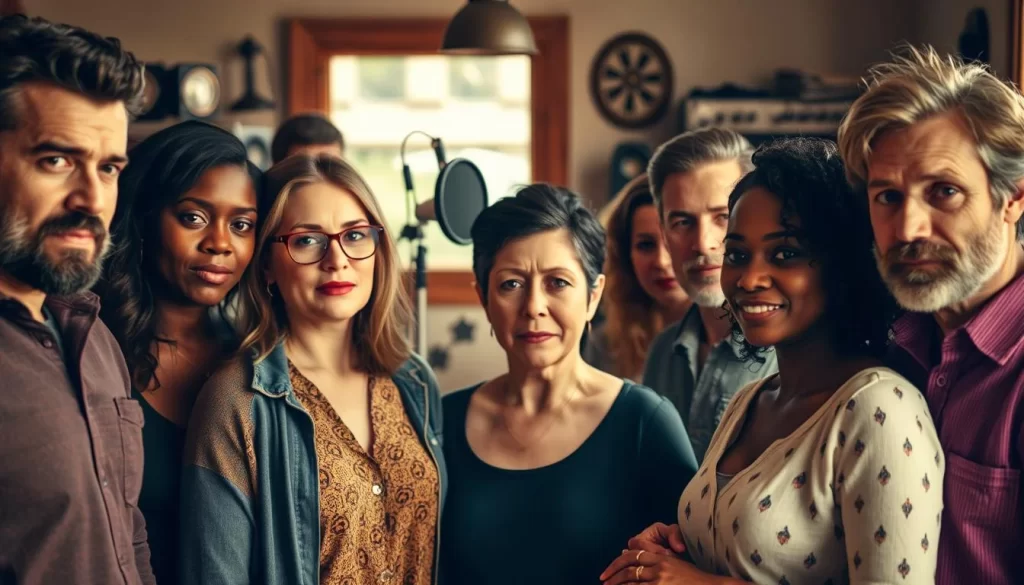 A group of diverse podcast characters stands in the foreground, each with distinct flaws and imperfections that make them uniquely human. In the middle ground, a cozy studio setting with vintage microphones and sound equipment hints at the creative process behind the podcast. The background is blurred, suggesting the focus is on the characters and their stories. Warm, natural lighting casts soft shadows, accentuating the characters' nuanced expressions and gestures. The overall mood is one of authenticity, vulnerability, and the power of storytelling to connect people despite their flaws.