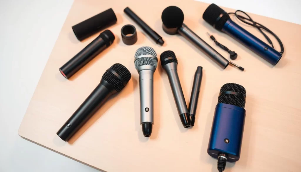 A group of sleek, portable microphones laid out on a minimalist wooden table, illuminated by soft, warm lighting. The mics come in a variety of stylish colors - matte black, metallic silver, and deep blue - with compact, travel-friendly designs. They're accompanied by a few audio accessories like windscreens and cables, arranged neatly around them. The background is a plain, white studio setup, putting the focus squarely on the versatile, high-quality microphones - the perfect tools for capturing pristine audio on the go.