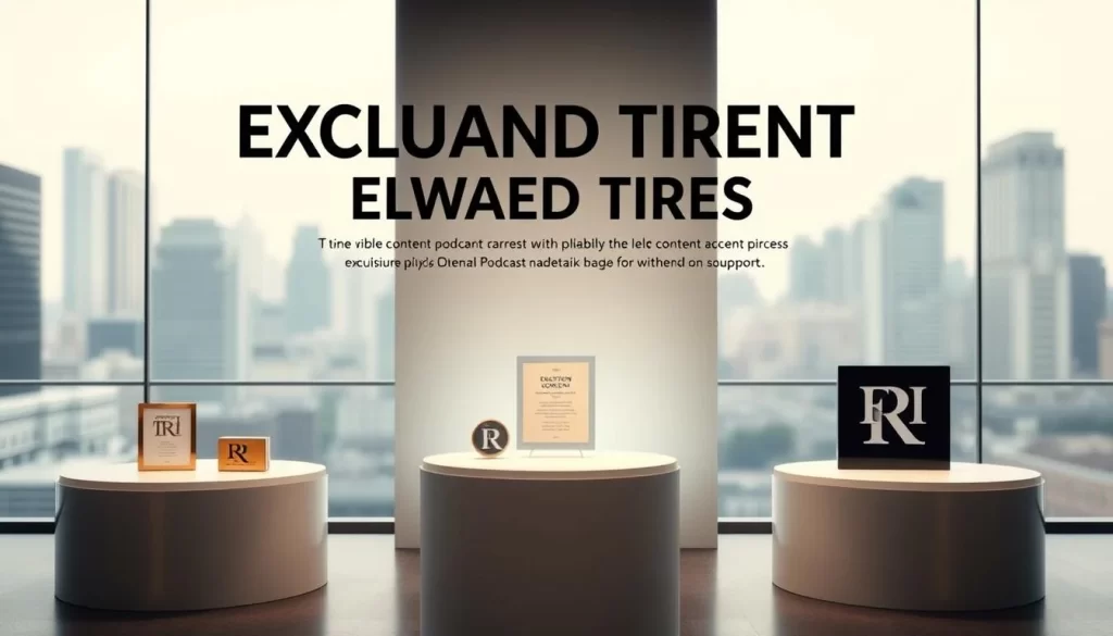 A high-end display showcasing exclusive content reward tiers for a crowdfunding podcast. In the foreground, three elegant pedestals present premium offerings - a limited-edition physical product, a digital item with exclusive access, and a top-tier membership with unique perks. The middle ground features a backdrop of sleek, minimalist design, with soft lighting illuminating the display. In the background, a blurred cityscape suggests an urban, sophisticated setting. The overall atmosphere conveys a sense of exclusivity, quality, and the allure of unique, desirable rewards for supporters.