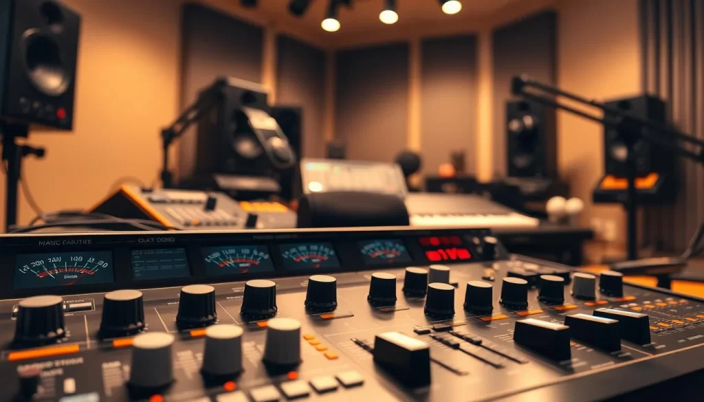 A meticulously crafted studio setup showcasing a professional audio workstation. In the foreground, an advanced audio compressor interface with knobs, sliders, and meters precisely tuned for optimizing podcast sound. The middle ground features complementary studio equipment like microphones, headphones, and mixing consoles, all illuminated by warm, directional lighting. The background subtly suggests a cozy, acoustically-treated recording booth, conveying a sense of audio mastery and sonic perfection. The overall composition emphasizes the importance of carefully adjusting compressor settings to achieve the perfect podcast sound.
