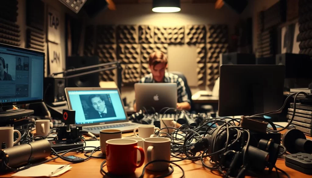 A professional podcast studio with a chaotic and cluttered workspace. In the foreground, misplaced audio equipment, tangled cables, and forgotten coffee mugs clutter the desk space. In the middle ground, a distracted podcaster focuses intently on a laptop screen, unaware of the disorganized surroundings. The background features a dimly lit recording booth, with soundproofing materials haphazardly placed, conveying a sense of disarray. Soft, warm lighting casts shadows across the scene, creating an atmosphere of overwhelming task overload and missed opportunities for effective podcast advertising.