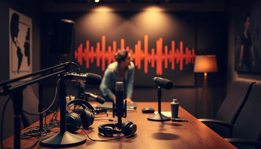 A professional podcast targeting strategy session unfolds in a dimly lit, cozy studio. In the foreground, an array of microphones and headphones sit atop a sleek, modern desk, signifying the tools of the trade. In the middle ground, two individuals, avatars representing target audience segments, lean in, engaged in animated discussion. The background features a mural of sound waves, symbolizing the reach and impact of the podcast's messaging. Warm, golden lighting casts a contemplative mood, while a shallow depth of field keeps the focus on the collaborative process at hand.
