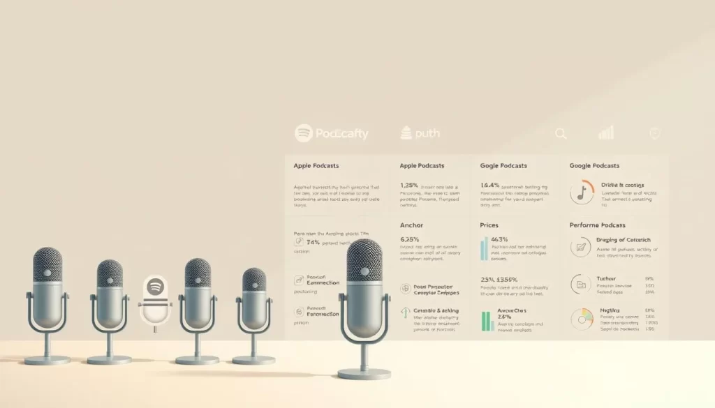 A sleek, modern illustration depicting a visual comparison of popular podcast hosting platforms. In the foreground, various minimalist podcast microphone icons or logos are neatly arranged, each representing a leading platform like Spotify, Apple Podcasts, Google Podcasts, Anchor, Buzzsprout, etc. The middle ground showcases a series of simple data visualizations, infographics, or charts highlighting key features, pricing, and performance metrics of these platforms. The background has a clean, neutral color scheme with subtle gradients, creating a professional, editorial feel. Lighting is soft and even, with a focus on clarity and elegance. The overall composition is balanced, allowing the information to be easily digestible and visually compelling.