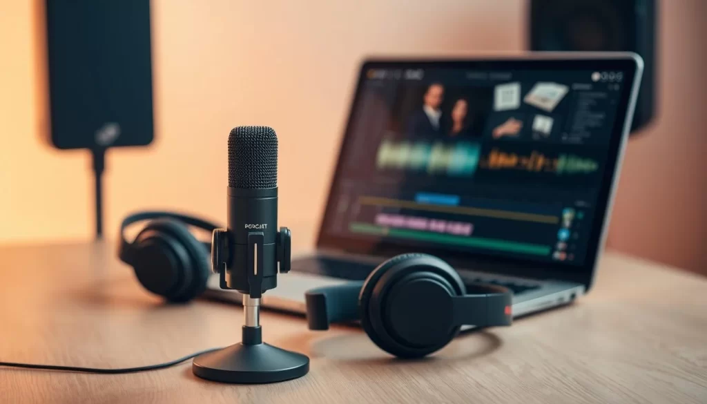 A stylized, professional-looking podcast microphone positioned prominently in the foreground, resting on a minimalist wooden table or desk. In the middle ground, an open laptop displaying a podcast editing interface, along with a pair of high-quality studio headphones. The background features a softly blurred, warm-toned wall or backdrop, creating a cozy, intimate studio ambiance. The composition is clean, well-lit, and emphasizes the tools and technology used in crafting a high-quality, niche-focused podcast.