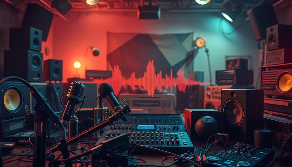 A vibrant, imaginative arrangement of sound design elements. In the foreground, various audio recording devices - microphones, speakers, sound mixers - arranged in a dynamic, asymmetrical composition. In the middle ground, abstract shapes and forms representing soundwaves, audio visualizations, and the flow of audio data. The background features an atmospheric, softly-lit studio environment with an array of vintage audio equipment and musical instruments, hinting at the creative process. Warm, textured lighting and a moody, evocative color palette convey a sense of creative energy and the art of audio production.