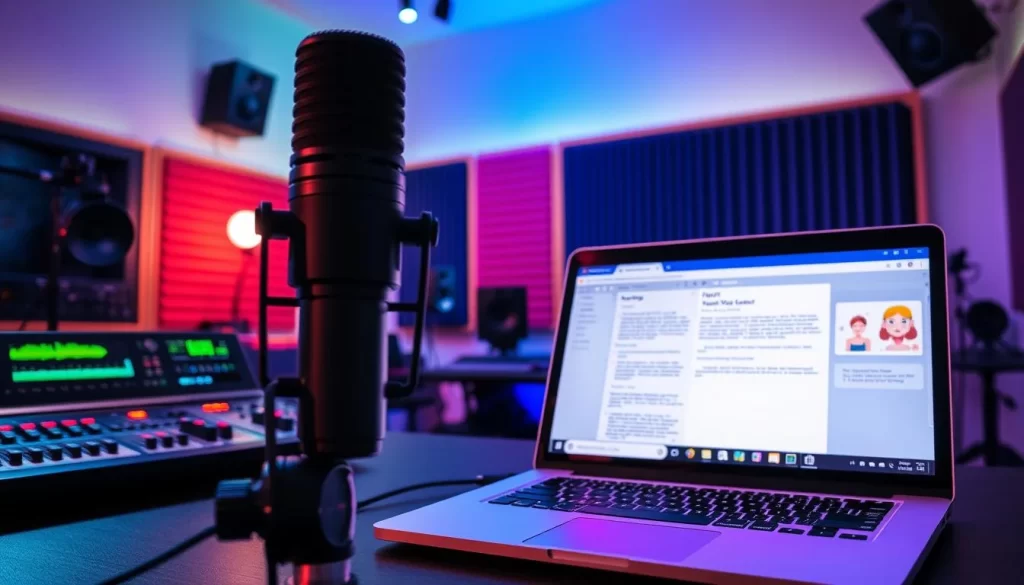 A vibrant, well-lit scene showcasing a range of cutting-edge AI tools for podcast storytelling. In the foreground, a high-end microphone, a digital audio workstation interface, and a voice-to-text transcription app on a laptop. In the middle ground, an AI-powered script generation tool and a visual storyboarding app on a tablet. In the background, a soundproofed studio environment with acoustic paneling and multicolored mood lighting, hinting at the creative possibilities of these AI-driven storytelling aids. The overall atmosphere is one of technological innovation, artistic inspiration, and immersive audio production, perfectly suited for the "Leveraging AI Tools for Compelling Podcast Storytelling" section.