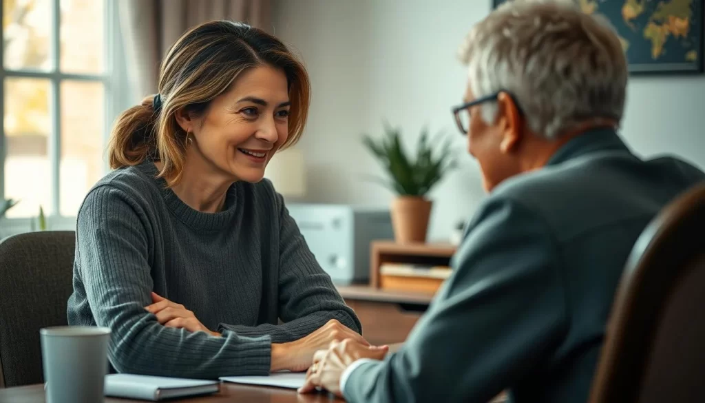 A warm, empathetic person listening intently to another person, with a soft, comforting expression on their face. The listener is seated at a desk, facing the speaker, in a cozy, well-lit home office setting. Muted colors create a calming atmosphere, and the lighting is gentle, highlighting the listener's compassionate gaze. The scene conveys a sense of understanding, patience, and a genuine desire to support the speaker during a sensitive discussion.