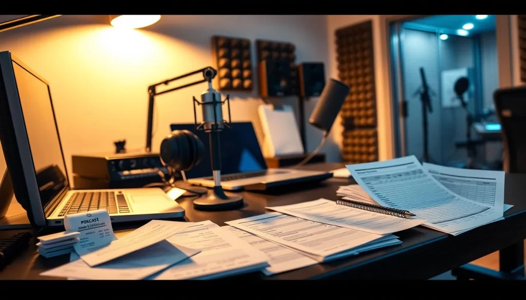 A well-lit home office with a sleek desk, a high-quality microphone and headphones, a laptop, and various audio equipment such as a mixer and sound interface. Soft shadows cast by warm overhead lighting create a cozy, professional atmosphere. In the foreground, a carefully organized array of receipts, invoices, and financial documents representing the ongoing expenses of running a successful podcast. The mid-ground features a calendar and budget spreadsheet, symbolizing the meticulous planning required. The background showcases a soundproofed recording booth, hinting at the technical complexities involved in podcast production.