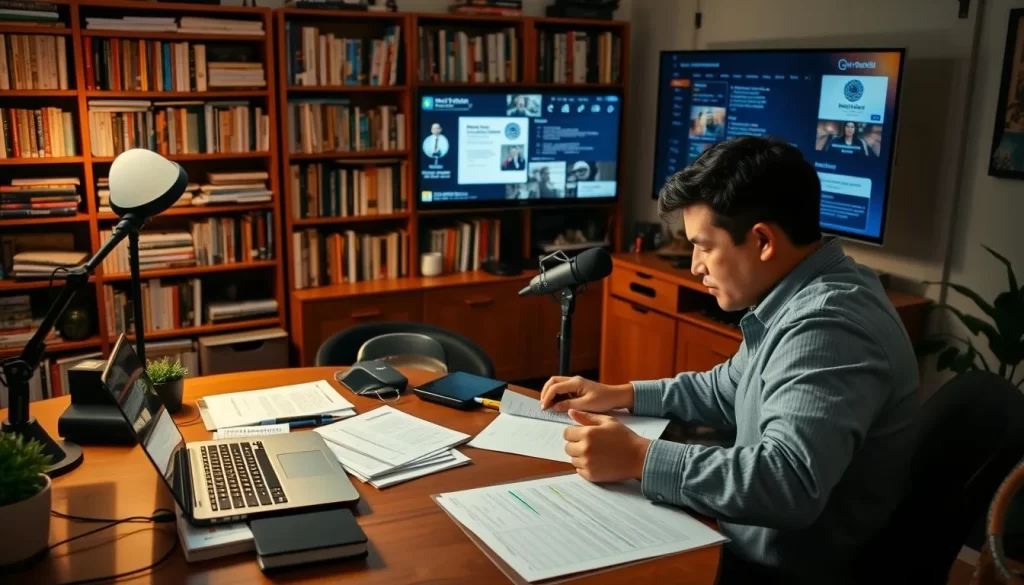 A well-lit home office workspace, with a laptop, papers, and research materials neatly arranged on a wooden desk. In the foreground, a person sitting at the desk, engrossed in studying various documents and taking notes, their face thoughtful and focused. In the background, bookcases filled with reference materials and a large monitor displaying additional information, casting a soft, ambient glow. The scene conveys a sense of diligent preparation and thorough research, evoking the critical importance of understanding one's podcast guest before the interview.
