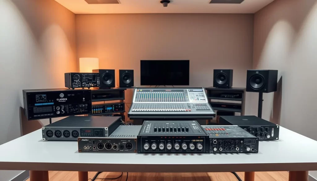 A well-lit, professional studio setting featuring an array of audio interfaces and mixing consoles prominently displayed on a sleek, modern desk. The foreground showcases several high-end audio interface models with various input/output configurations, knobs, and displays, inviting the viewer to explore their features and capabilities. In the middle ground, a sophisticated mixing console with an intuitive layout of faders, knobs, and meters takes center stage, suggesting its powerful sound-shaping potential. The background highlights a clean, minimalist environment with neutral-toned walls and subtle, directional lighting that casts a warm, contemplative ambiance, emphasizing the technical and creative focus of the scene.