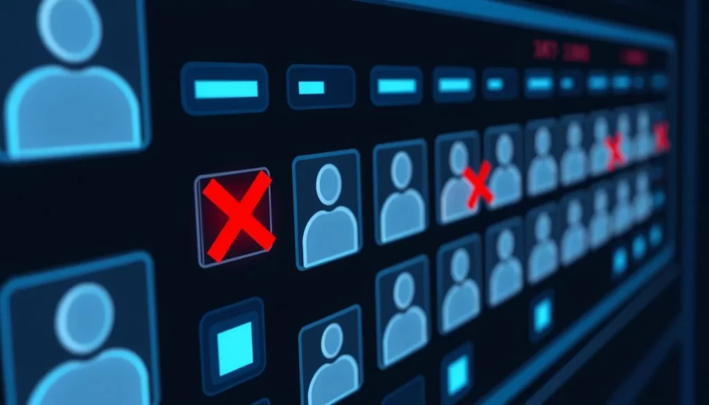 a high-contrast digital illustration of a computer security control panel with multiple user account tiles, each with a red "X" or "Deny" icon overlaid, conveying the concept of limiting and restricting access to a digital account. The panel has a clean, minimalist aesthetic with crisp lines, a dark background, and glowing blue and red indicator lights. The overall mood is one of vigilance, control, and digital security.