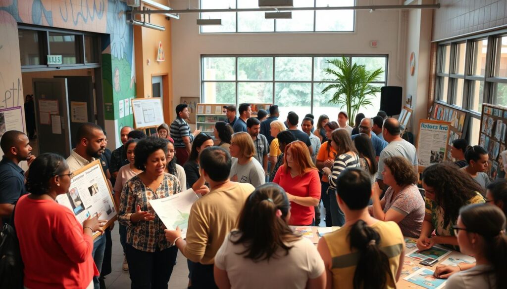A bustling community center, its facade adorned with vibrant murals and inviting entryways. In the foreground, a group of diverse individuals engaged in lively discussions, their gestures animated as they brainstorm ideas for fostering connection and participation. The middle ground showcases various interactive stations - a bulletin board filled with event flyers, a resource table with informative pamphlets, and a collaborative art project in progress. In the background, a warm, natural light filters through large windows, creating a welcoming atmosphere that encourages open dialogue and shared experiences. The overall scene conveys a sense of inclusivity, creativity, and a strong commitment to community engagement.