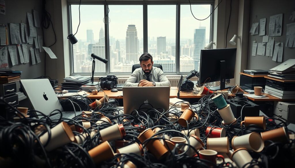 A busy office scene with a central desk surrounded by various obstacles and pitfalls. In the foreground, tangled cables, a broken laptop, and spilled coffee cups create a cluttered and distracting environment. In the middle ground, a confused-looking person sits at the desk, overwhelmed by the numerous tasks and distractions. The background features a window with a view of a bustling city, suggesting the pressure and demands of the affiliate marketing industry. The lighting is harsh, creating deep shadows and highlighting the sense of chaos and disorganization. The overall atmosphere conveys the common pitfalls and challenges faced by those new to affiliate marketing.