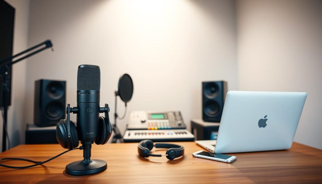 A contemporary podcast studio with a minimalist, well-lit setup. In the foreground, a professional-grade microphone and a pair of sleek studio headphones rest on a wooden table. The middle ground features a laptop, a mixing console, and a smartphone, all arranged in a visually appealing layout. In the background, a neutral-colored wall with a subtle texture creates a clean, distraction-free backdrop. Soft, indirect lighting from above casts a warm, inviting glow on the scene, and the overall composition suggests a professional, yet cozy atmosphere suitable for recording high-quality podcast content.