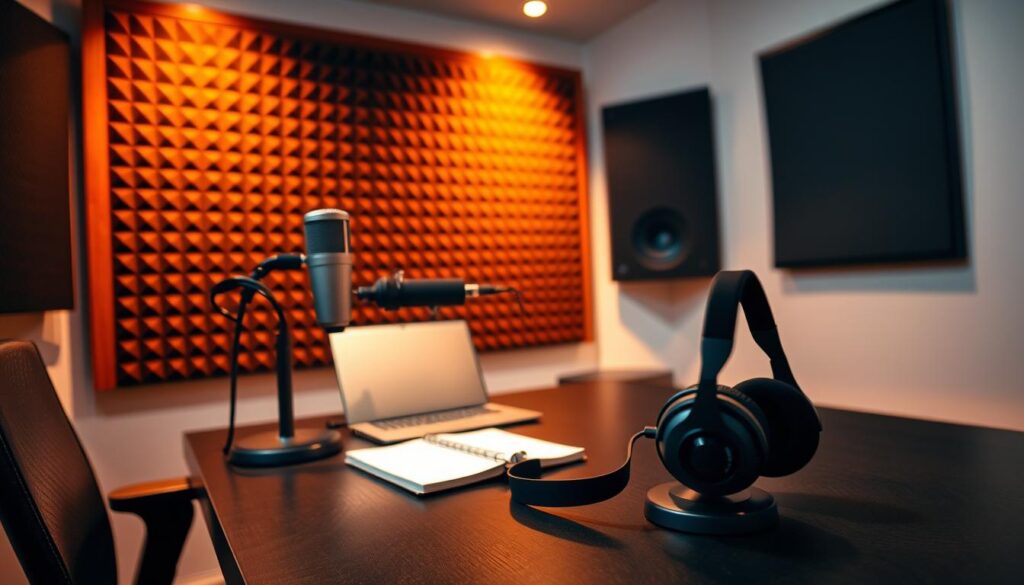 A cozy, dimly lit studio with a high-quality microphone and headphones prominently placed on a sleek, modern desk. In the background, a large soundproof panel adorned with sound-dampening acoustic tiles, creating an intimate and professional atmosphere. The lighting casts a warm, amber glow, highlighting the polished, wooden accents that contrast with the clean, white walls. On the desk, a laptop and notebook suggest the host's preparation and dedication to their true crime storytelling. The overall scene conveys a sense of narrative focus, attention to detail, and the meticulous craft of producing a captivating true crime podcast.