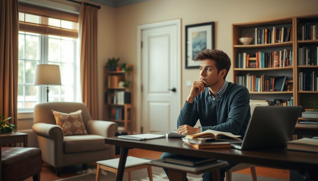 A cozy home office setting, with a comfortable armchair and a well-stocked bookshelf in the background. In the foreground, a person sits at a desk, deep in thought, surrounded by notes, books, and a laptop. Warm, diffused lighting creates a contemplative atmosphere, as the individual prepares to welcome a guest, considering the best approach to make them feel at ease and engaged. The scene conveys the thoughtfulness and care put into the "pre-interview" process, with the aim of ensuring a successful and productive interaction.