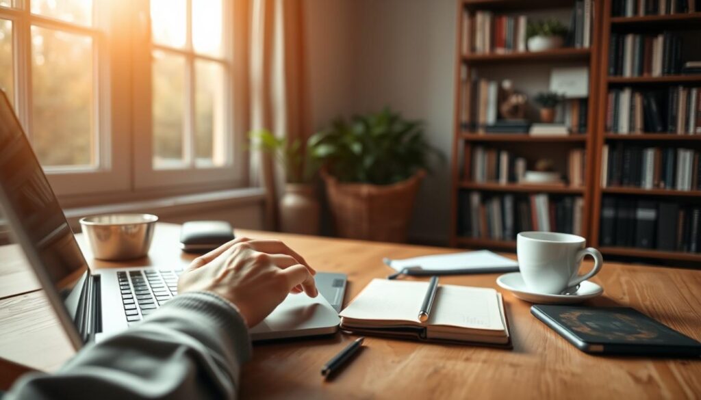 A cozy home office setting with a laptop, notebook, and a cup of coffee on a wooden desk. Soft natural lighting filters through a large window, casting warm hues across the scene. In the foreground, a pair of hands type on the laptop, representing the act of guest blogging. The background features a bookshelf, inspiring the concept of content partnerships and collaboration. The overall atmosphere conveys a sense of focused productivity and creative ideation.