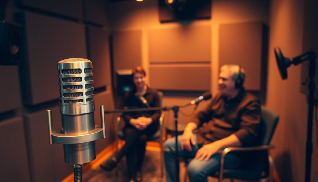 A cozy recording studio set against a backdrop of sound-dampening panels. In the foreground, a professional-grade microphone stands ready, its sleek silver body gleaming under warm, directional lighting. Seated comfortably in the middle ground, two individuals engage in an animated discussion, their faces illuminated by the soft glow of studio monitors. The background is hazy, suggesting the intimate atmosphere of a podcast interview, with a sense of focus and concentration pervading the scene.