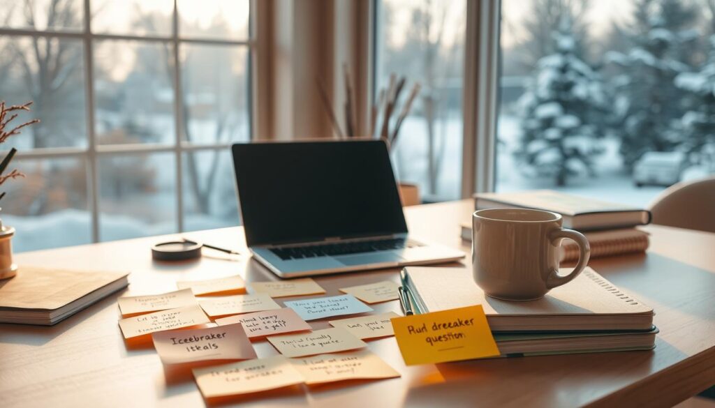 A cozy, well-lit home office scene with a modern desk, a laptop, a mug of coffee, and a stack of notebooks. On the desk, various icebreaker questions are scribbled on sticky notes, creating an inviting and organized atmosphere. The lighting is warm and natural, casting a soft glow on the scene. The background features a large window overlooking a snowy landscape, adding a sense of tranquility and inspiration. The overall vibe is one of thoughtfulness, productivity, and a desire to connect through engaging conversation.