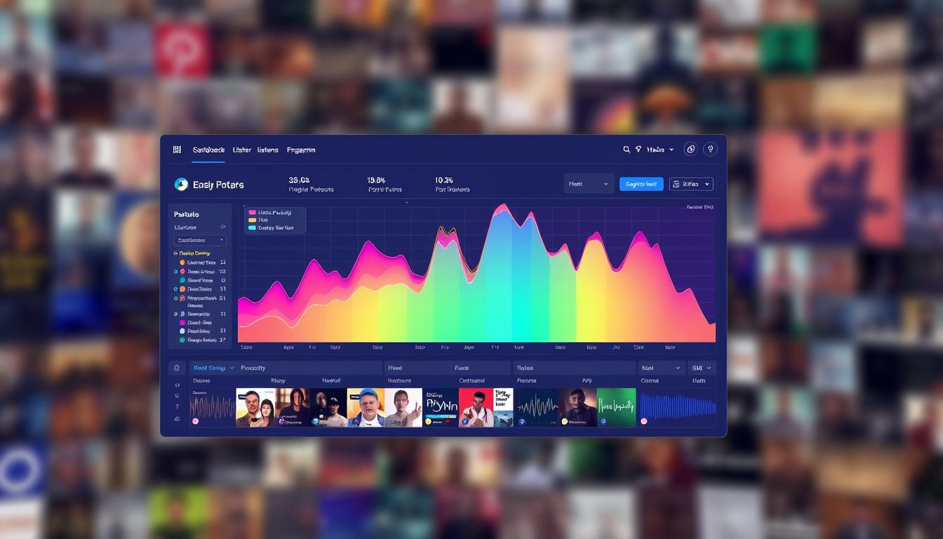 A detailed heatmap visualization of podcast listener engagement, showcasing a vibrant and interactive spectrum of activity. The foreground features a sleek, minimalist dashboard interface with a central heatmap chart, overlaid with data visualizations and intuitive analytics tools. The middle ground presents a dynamic, pulsing grid of listener metrics, with peaks and valleys highlighting content hotspots. In the background, a soft, blurred landscape of audio waveforms and podcast episode thumbnails creates a sense of depth and auditory immersion. The overall mood is one of data-driven clarity, user-friendly design, and a deep understanding of audience engagement.