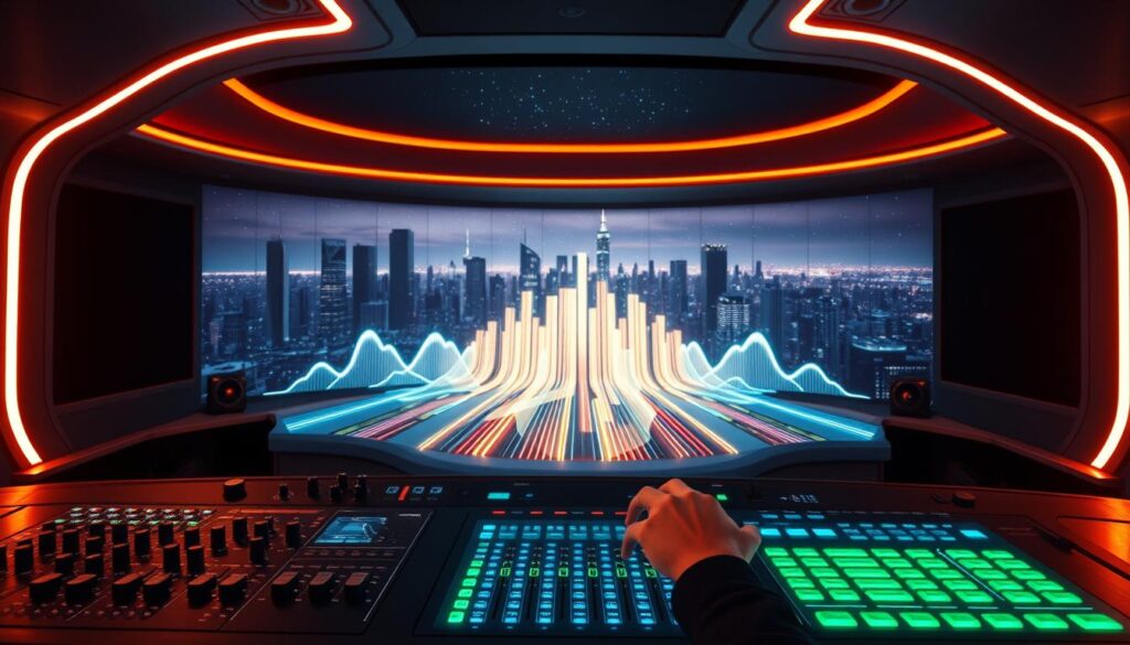 A dimly lit, futuristic 3D audio control room. In the foreground, a sleek, curved soundboard with various knobs, sliders, and visual equalizers. Glowing blue and green hues emanate from the controls, casting a soft light on the operator's hands as they expertly manipulate the audio inputs. In the middle ground, a large, immersive 3D audio visualization displays pulsing, vibrant waveforms, creating a mesmerizing, kaleidoscopic effect. The background features a panoramic view of a city skyline, with towering skyscrapers and a night sky filled with twinkling stars, hinting at the boundless potential of spatial audio technology to transport the listener to a different world.