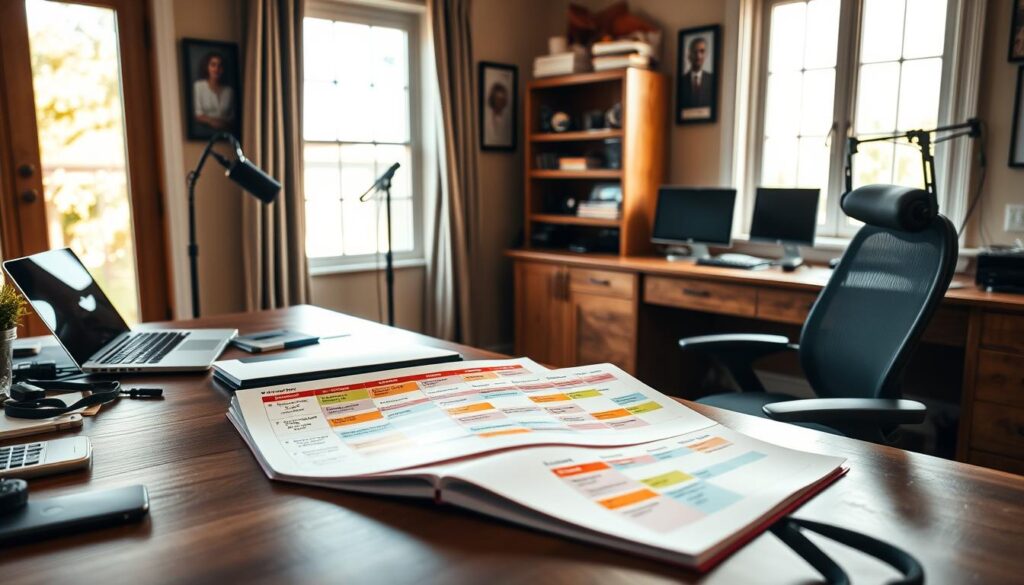 A finely-crafted home office setup, complete with a wooden desk, ergonomic chair, and an array of tech essentials - laptop, calendar, and podcasting equipment. The room is bathed in warm, natural lighting from a large window, creating a cozy and productive atmosphere. On the desk, a meticulously organized calendar dominates the scene, with color-coded schedules, notes, and reminders for various podcast guests. The calendar's pages are turned, revealing a well-structured plan for managing guest logistics. The overall scene conveys a sense of efficiency, control, and dedication to podcast guest management.