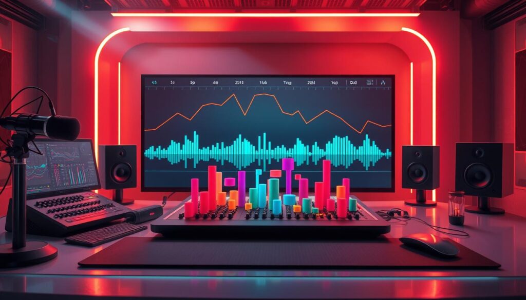 A futuristic desktop workspace bathed in warm, ambient lighting. On the surface, an array of audio mixing devices, sound waves, and digital waveforms flow across a high-resolution display. Strategically placed microphones and speakers create a sense of depth and immersion. Floating in the middle ground, a collection of colorful audio snippets in the form of abstract 3D shapes, each representing a unique audio clip or sample. The background features a sleek, minimalist design with subtle industrial textures, hinting at the power and precision required to craft compelling audio content. The overall atmosphere is one of creativity, technology, and the art of audio production.