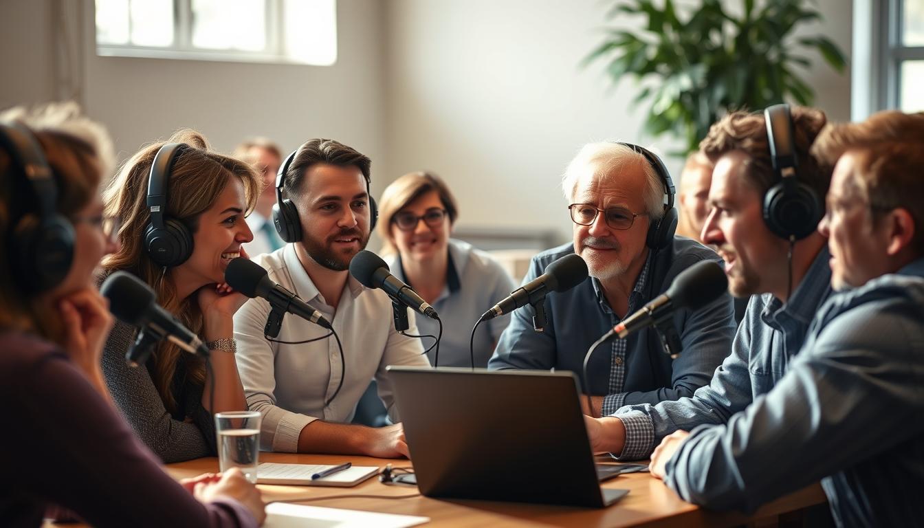 A group of engaged podcast listeners, seated around a table, intently focused on the speaker during a lively webinar discussion. Soft, natural lighting illuminates the scene, capturing the sense of connection and collaboration. The listeners' expressions convey a mix of curiosity, understanding, and active participation, as they lean in to share their thoughts and insights. The overall atmosphere is one of dynamic interaction, where ideas flow freely and the audience feels empowered to contribute. A sense of energy and intellectual stimulation permeates the space, reflecting the theme of "Mastering Audience Interaction During Live Events."