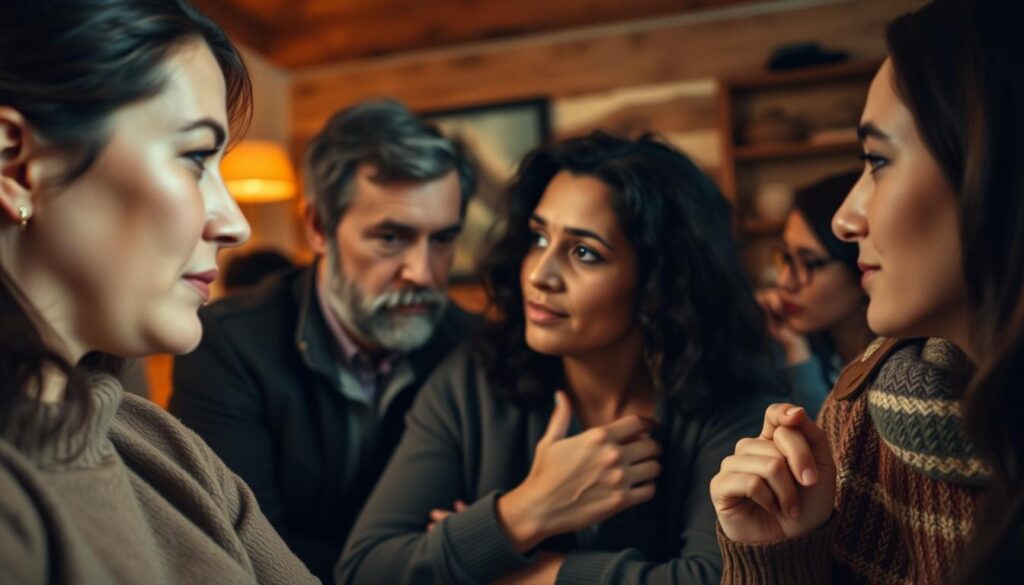 A group of people engaged in active listening, their faces attentive and focused. The foreground features a woman leaning forward, her expression one of deep concentration as she maintains eye contact with her conversation partner. In the middle ground, a man nods thoughtfully, his hand cupped to his chin. The background depicts a cozy, softly lit room with warm, earthy tones, creating an atmosphere of intimacy and genuine exchange. The lighting is soft and diffused, accentuating the participants' expressions and body language. The camera angle is slightly elevated, providing a perspective that conveys the sense of a meaningful, unfolding dialogue.