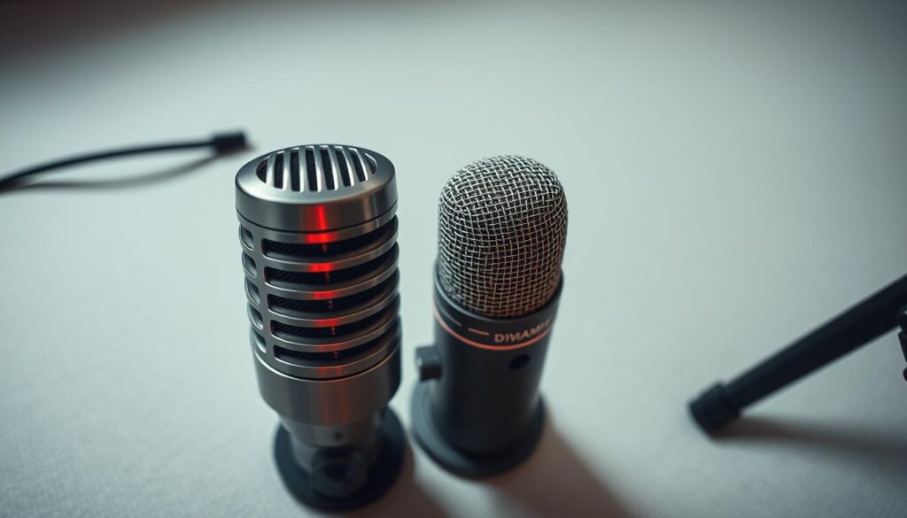 A high-angle, closeup view of two professional microphones - a condenser microphone and a dynamic microphone - side-by-side on a neutral, well-lit studio surface. The condenser microphone has a sleek, modern design with a metallic body, while the dynamic microphone has a more classic, utilitarian appearance. The lighting accentuates the different textures and materials, creating a sense of depth and highlighting the key differences in build quality and durability between the two microphone types. The background is slightly blurred, keeping the focus on the central comparison of the microphone models.