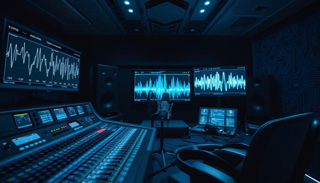 A high-tech audio engineering studio, dimly lit with a moody blue ambiance. In the foreground, a mixing console with an array of knobs, sliders, and meters, representing the advanced noise removal techniques. Pristine audio waveforms and spectral visualizations dance across multiple screens, showcasing the complex signal processing at work. In the middle ground, a pair of professional-grade studio headphones and a high-quality microphone, the tools of the trade. The background features a sleek, futuristic aesthetic, with metallic surfaces and intricate circuit board patterns, hinting at the sophisticated digital algorithms powering the noise reduction. The overall scene conveys a sense of precision, control, and the cutting edge of audio technology.