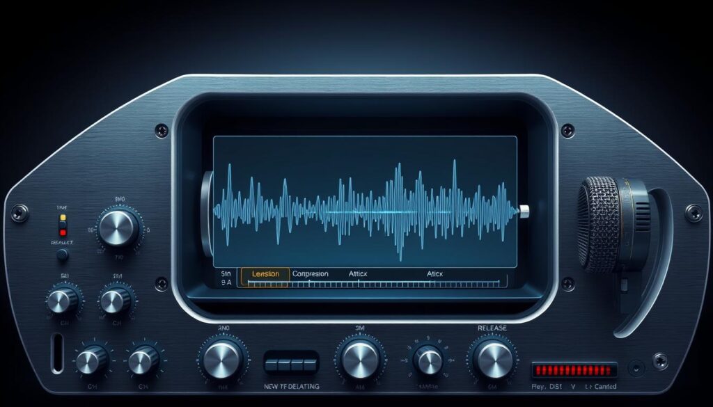 A highly detailed and technical cross-section illustration showcasing the inner workings of voice compression. The foreground features a precision-engineered control panel with various knobs, sliders, and meters representing the different parameters of the compression process. The middle ground depicts a transparent visualization of an audio waveform being dynamically compressed, with highlighted regions indicating the specific compression ratio, attack, and release settings. The background has a minimalist yet modern design, with sleek metallic surfaces and muted lighting to convey a sense of advanced audio engineering. The overall mood is one of scientific precision and technological sophistication, reflecting the highly specialized nature of voice optimization for professional podcast editing.