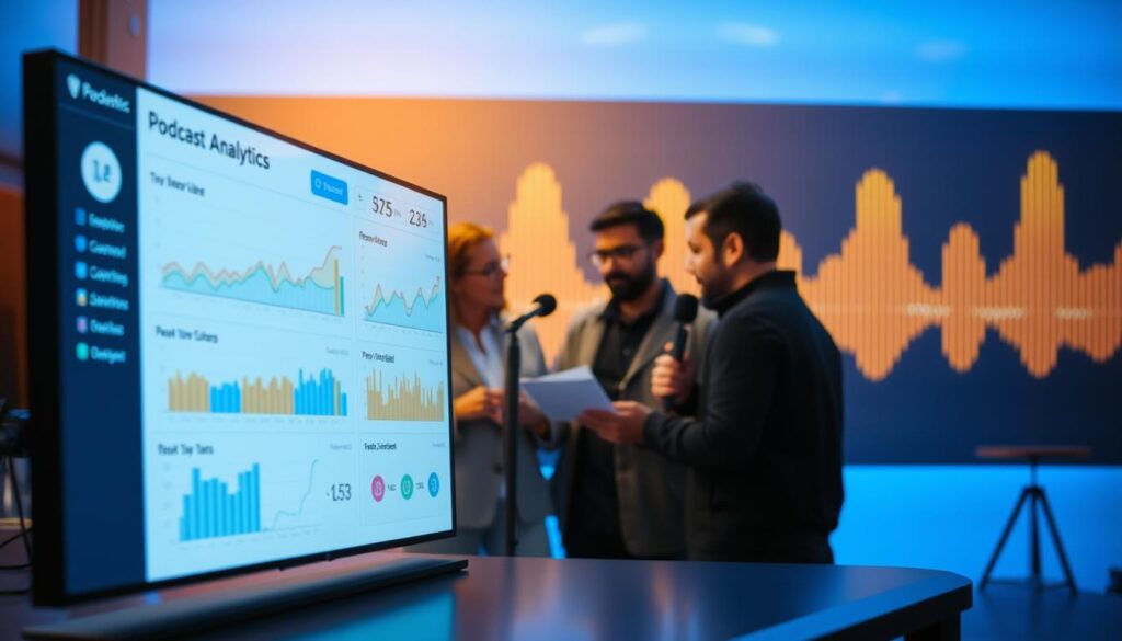 A lively visualization of podcast analytics, showcasing dynamic "peak listening moments" data. In the foreground, a sleek dashboard interface displays real-time visualizations of listener engagement, with intuitive graphs and charts. The middle ground features a trio of podcast hosts deeply engaged, analyzing the data and brainstorming ways to optimize their content. In the background, a stylized soundwave pattern undulates, representing the rhythmic flow of the audio content. The lighting is crisp and modern, with a cool color palette suggesting the digital, data-driven nature of the scene. The overall mood is one of analytical insight and creative energy, as the podcast team leverages the power of streaming data to elevate their show.