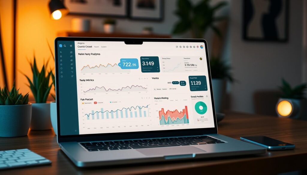 A modern analytics dashboard showcasing key metrics for a newly launched podcast. In the foreground, a sleek laptop displays a full-screen analytics interface with line graphs, pie charts, and interactive data visualizations. The background features a cozy home office setup with warm lighting, potted plants, and minimalist decor, conveying a sense of focus and productivity. The overall mood is professional, data-driven, and visually compelling, reflecting the success and growth of the podcast.