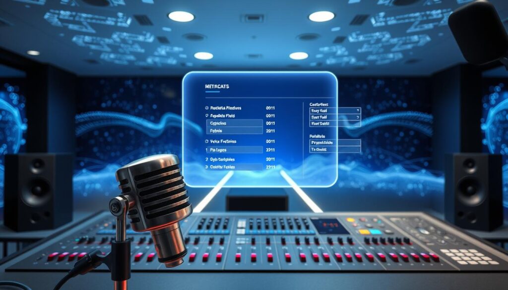 A modern, minimalist digital workspace with a sleek, futuristic aesthetic. In the foreground, a high-resolution microphone and a retro-futuristic podcast mixing console dominate the scene, symbolizing the act of creating and optimizing podcast metadata. The middle ground features a floating, holographic display showcasing various metadata fields and optimization options, bathed in a soft, blue-hued lighting. In the background, a vast, ethereal landscape of data and information flows, representing the digital realm of voice platforms and smart speakers. The overall mood is one of technological sophistication, efficiency, and the seamless integration of human creativity and artificial intelligence.