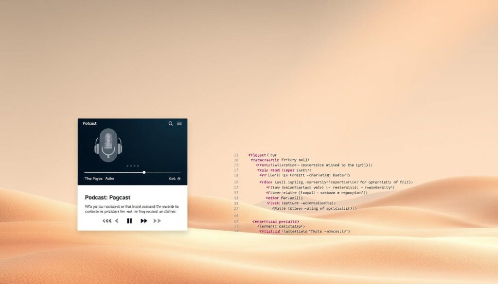 A modern, minimalist website design featuring a podcast player interface prominently displayed. The foreground showcases a responsive, mobile-friendly layout with clean typography and intuitive navigation. The middle ground highlights an SEO-optimized page structure, with relevant keywords, metadata, and schema markup visible in the code editor. The background depicts a serene, abstract landscape with soft gradients and subtle textures, creating a calming, professional atmosphere. Warm, directional lighting illuminates the scene, accentuating the website's elegant simplicity and focus on optimizing the podcast content for search engine discoverability.