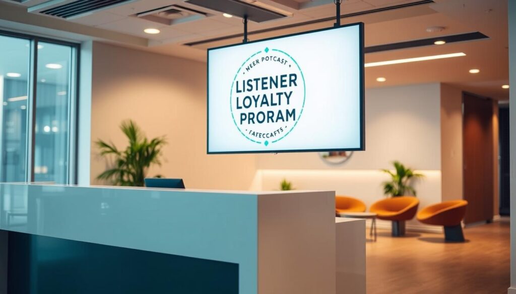 A modern office interior with a reception desk and a large display screen showcasing a "Listener Loyalty Program" logo and details. The screen is positioned prominently in the foreground, drawing the viewer's attention. The desk is made of sleek, contemporary materials, and the lighting is soft and warm, creating a welcoming atmosphere. In the background, there are a few chairs and plants, suggesting a comfortable waiting area for visitors. The overall scene conveys a sense of professionalism and attention to detail, reflecting the value placed on the podcast audience and their loyalty.