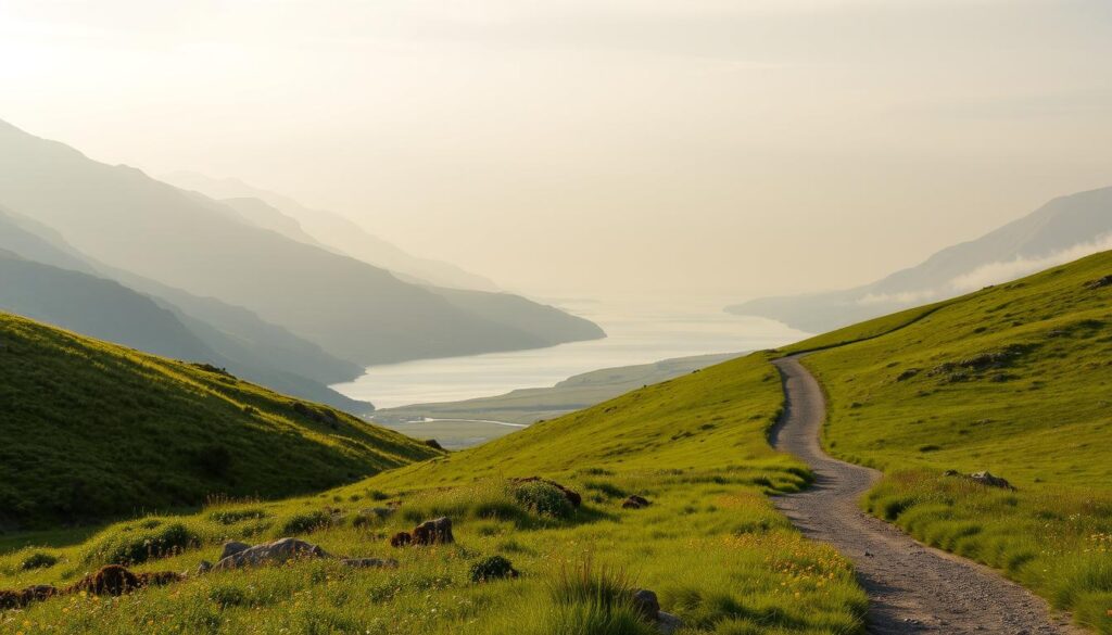 A peaceful, tranquil landscape with a winding path leading into the distance. The foreground features lush, rolling hills covered in vibrant green grass and wildflowers. In the middle ground, a meandering river reflects the sky, its calming waters cutting through the serene scene. The background is dominated by a range of majestic, snow-capped mountains, their peaks piercing the ethereal, golden-hued sky. The lighting is soft and diffuse, creating a sense of warmth and serenity. The overall composition and mood evoke a sense of the "ordinary world" before the call to adventure.