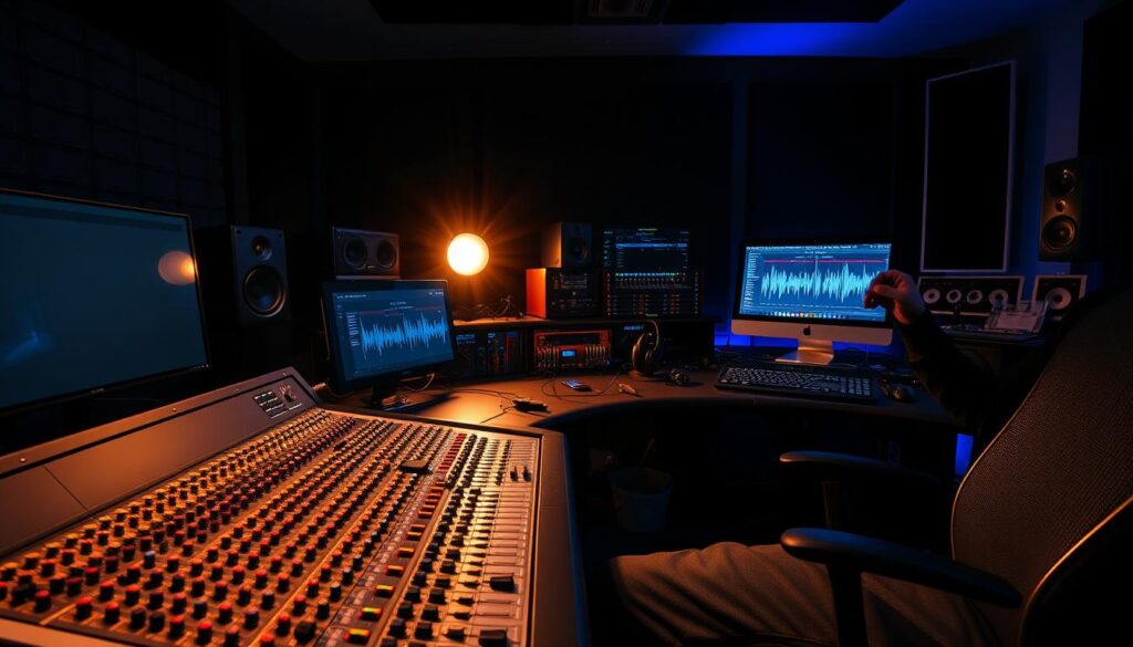 A professional audio engineer's workstation, meticulously arranged with high-end sound equipment and digital interfaces. In the foreground, a sleek mixing console with multiple faders and knobs, its warm glow illuminating the dimly lit studio. Behind it, a pair of precision studio monitors stand tall, casting a subtle ambient light. In the middle ground, a state-of-the-art computer system displays intricate waveforms and audio visualization tools, the engineer's hands dancing across the keyboard and mouse. In the background, a collection of microphones, headphones, and other sound-shaping tools are neatly organized, hinting at the depth of the sound design process. The overall atmosphere is one of focused creativity, with a subtle blue-tinted lighting evoking a sense of technical professionalism.