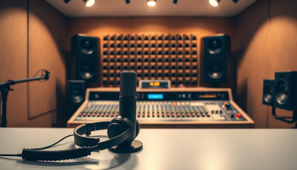 A professional podcast studio with state-of-the-art sound equipment and acoustics. In the foreground, a recording microphone and a pair of high-quality headphones sit on a sleek, minimalist desk. In the middle ground, a soundboard with various knobs and sliders for precise audio control. The background features a sound-dampening acoustic panel wall, creating a cozy, focused atmosphere. Soft, directional lighting illuminates the scene, casting warm tones and shadows that accentuate the intricate details of the setup. The overall composition conveys a sense of creative focus and technical mastery, capturing the essence of advanced podcast sound design.